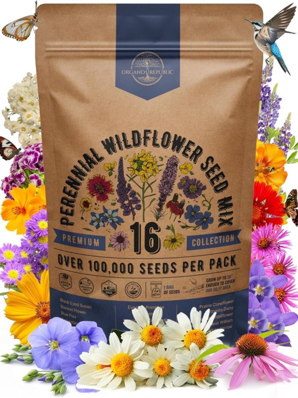 16 Perennial Wildflower Seed Mix for Indoor/Outdoor Garden - Non-GMO, Attract
